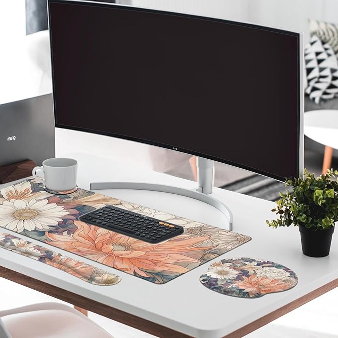 Britimes Boho Aesthetic Flower Keyboard Mouse Pad Set Orange White Florals 4in1 Large Mousepad+Keyboard Wrist Rest+Mouse Wrist Rest+Coaster Ergonomic Design for Home Office Computer 35.4x15.7 inches