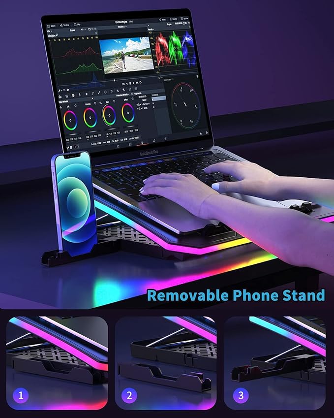 KeiBn Upgarde Laptop Cooling Pad RGB Lights Laptop Cooler 6 Fans for 15.6-17.3 Inch Laptops 7 Height Stands 10 Modes Light 2 USB Ports Desk or Lap Use (A8Blue)