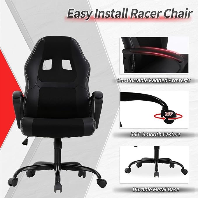 Office Chair Ergonomic Gaming Chair High Back Computer Desk Chair with Lumbar Support Adjustable PU Leather Gamer Chair Comfortable Racing Style for Adults Teens Kids (Classic Version Black)