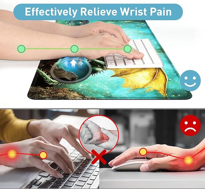Large Mouse Pad and Keyboard Wrist Rest Desk Pad for Keyboard and Mouse 4-in-1 Large Gaming Mouse Pad with Wrist Support Desk Mat for Home Office Study GameCute Green Dragon