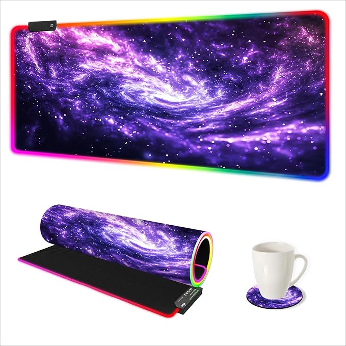 AIMSA RGB Mouse Pad LED Gaming Mouse Pad with 14 Lights Modes Non-Slip Rubber Base Computer Carpet Desk Mat for PC Laptop (35.4 x 15.8 inch) Purple Blue Nebula