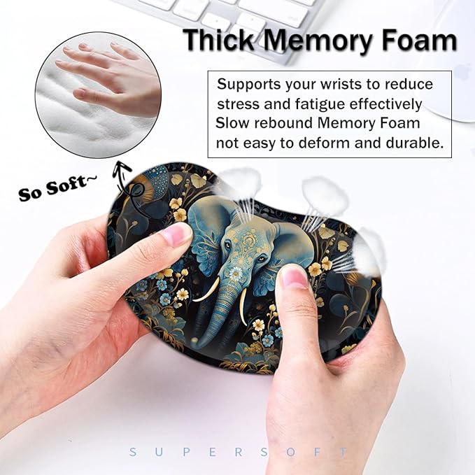 Large Mouse Pad with Mouse Wrist Rest 31.5x11.8 in Extended Mouse Mat with Non-Slip PU Base Ergonomic Memory Foam Wrist Rest for Work &amp Gaming Writing Pad Flowers Ornate Elephant Office Desk P