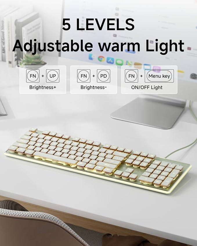 EWEADN GX710S Backlit Computer Keyboards Wired USB Keyboard with Warm Backlit Metal Panel Plug and Play Pudding Keycaps Full Size Quite Computer Keyboard for Win/PC/Laptop-Green