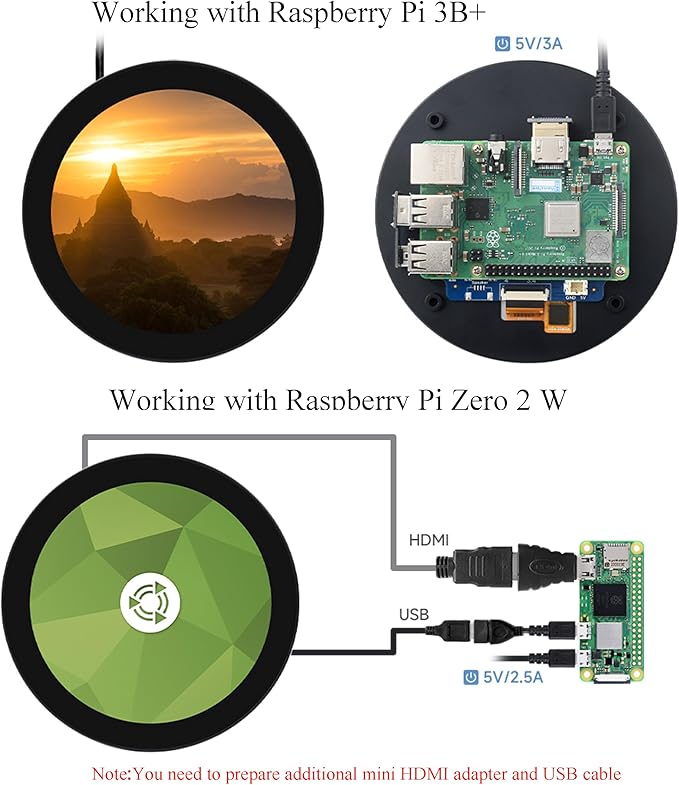3.4inch HDMI Round TouchScreen for Raspberry Pi 5/4B/3B+/3A+/2B/B+/A+/Zero/Zero W/WH/Zero 2W 800×800 Resolution 10-Point Capacitive Touch IPS DisplayCompatible with Jetson Nano/Mini PCDriver Free