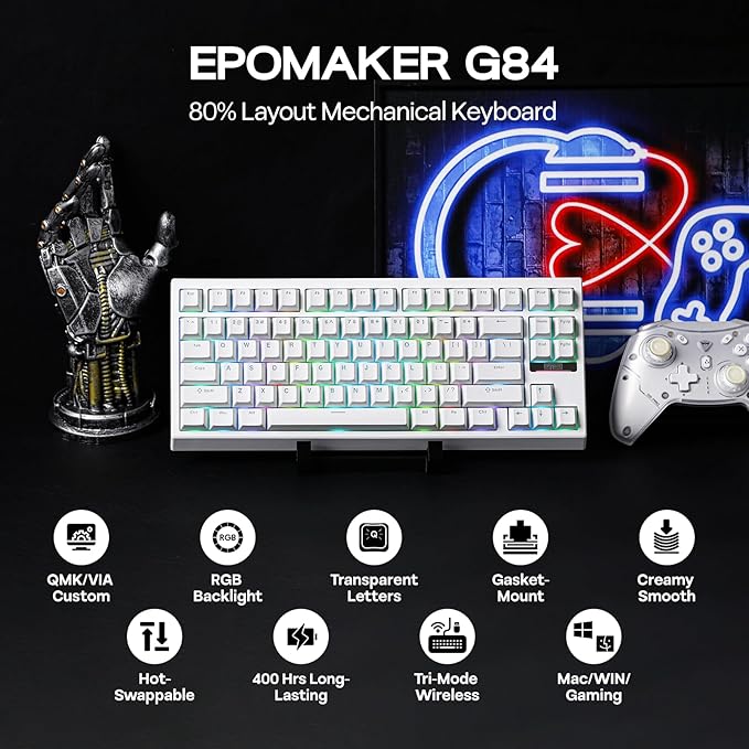 EPOMAKER G84 80% RGB Gaming Mechanical Keyboard 2.4GHz/ Type-C/BT Wireless Keyboard QMK/VIA Programmable Hot-Swappable NKRO with Shine Through PBT Keycaps for Gamers (White Creamy Jade Switch)