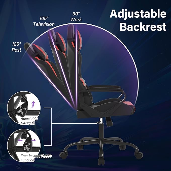 Ergonomic PU Leather Computer ChairHome Office Desk Chair with Adjustable Lumbar SupportExecutive High Back 360°Swivel Rolling Gaming Chairs for Adults(RED)