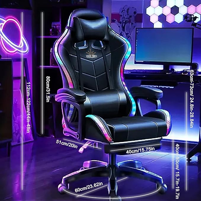 Massage Gaming Chair with Footrest Video Game Chair with Speakers and RGB LED Lights Ergonomic Pro High Back Computer Chair with Headrest &amp Lumbar Support Height Adjustable Office ChairWhite
