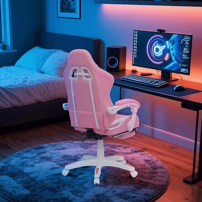 Gaming Chair Ergonomic Computer Chairs with Arms Lumbar Support Footrest Headrest 360°Swivel Chair Adjustable Back and Height Leather PC Chairs for Gaming Study Office Pink