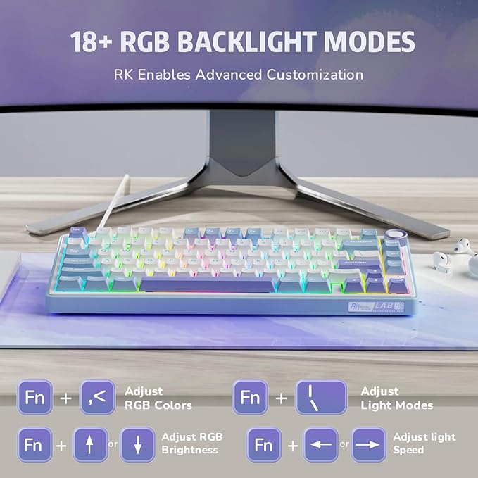 RK ROYAL KLUDGE R75 Mechanical Keyboard Wired with Volume Knob 75% Custom Gaming Keyboard Gasket Mount RGB Backlit with Software Cherry Profile Hot Swappable Silver Switch PBT Keycaps