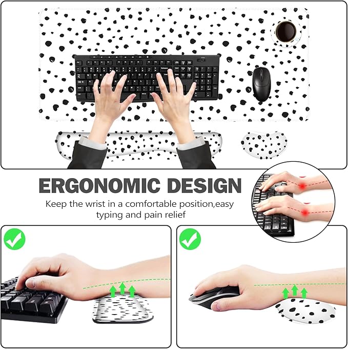 ToLuLu Extended Gaming Mouse Pad Memory Foam Ergonomic Keyboard Mouse Wrist Rest Support Set Large Desk Mat with Stitched Edges Non-Slip Base Mousepad for Home Office Game and Study Polka Dots