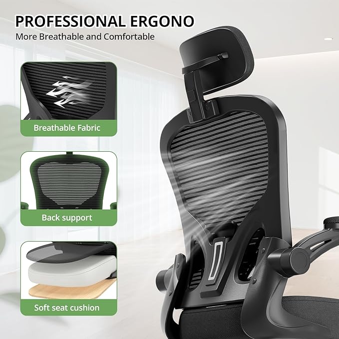 Office Chair Ergonomic Desk Chair 330LBS Capacity High Back Computer Chair for Long Hours Comfortable Rolling Swivel Executive Task Chair for Home Office with Flip-up Armrests Black