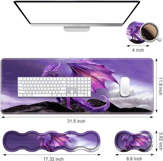 Ergonomic Keyboard Wrist Rest &amp Mouse Pad Wrist Rest Set Large XXL Gaming Desk Mat 31.5x 11.8 with Memory Foam Easy Typing Pain Relief for Office &amp Home Purple Dragon