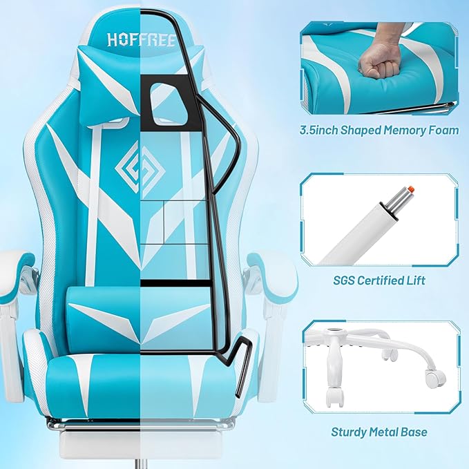 HOFFREE Gaming Chair Massage with Bluetooth Speakers and Led Lights Ergonomic Computer Gaming Chair with Footrest Cute Video Game Chair for Gaming Room Light Blue and White