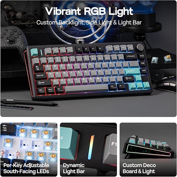 EPOMAKER TH80 V2 75% Wireless Mechanical Keyboard with Metal Knob 8000mAh 2.4Ghz/BT/USB-C RGB Hot Swap Custom Driver PBT Keycap Wireless Gaming Keyboard for PC/Mac (Black Creamy Jade)