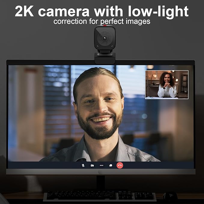 Webcam for PC/Laptop/Mac with Remote Control 2K Computer Camera Low-Light Correction AI-Noise Canceling Mics Adjustable Field of View Built-in Privacy Cover Stereo Mics