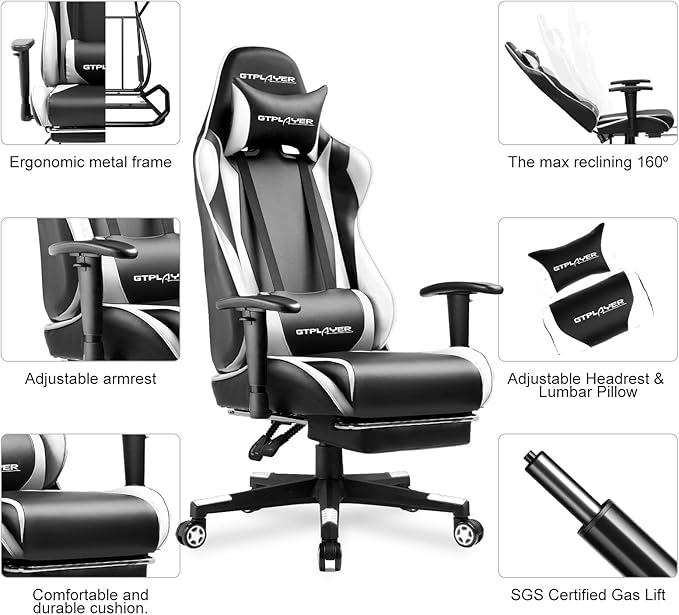 GTPLAYER Gaming Chair with Footrest Ergonomic Computer Game Desk Chair Reclining Game Chair Seat Height Adjustment Swivel Rocker with Headrest and Lumbar (White)