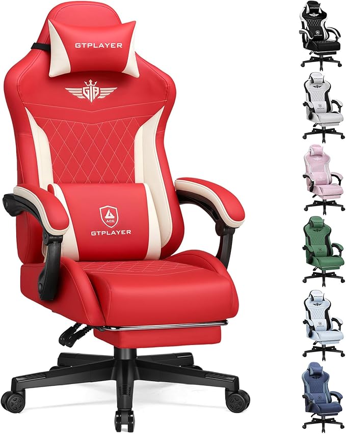 GTPLAYER Gaming Chair with Footrest Big and Tall Game Chair High Back Computer Office Chair with Lumbar Support for Adults Ergonomic Swivel Games Chair with Cushion Gaming Leather Red