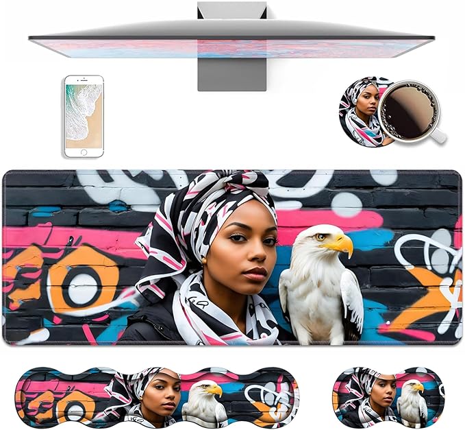 4 in 1 Ergonomic Keyboard Wrist Rest &amp Mouse Pad Wrist Rest Set Large XXL Gaming Desk Mat 31.5x 11.8 with Non-Slip Base Memory Foam for Home Office Study Gaming American Black Girl Bald Eagle