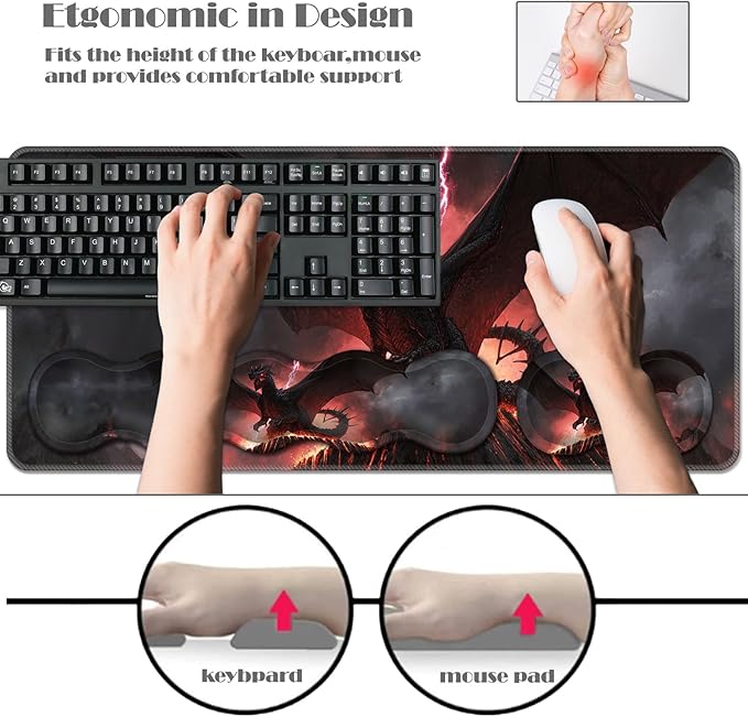 Ergonomic Keyboard Wrist Rest &amp Mouse Pad Wrist Rest SetXL Gaming Desk Mat 31.5x 11.8Non-Slip BaseMemory FoamEasy Typing Pain Relief for Office &amp HomeDark Dragon Pink Lightning