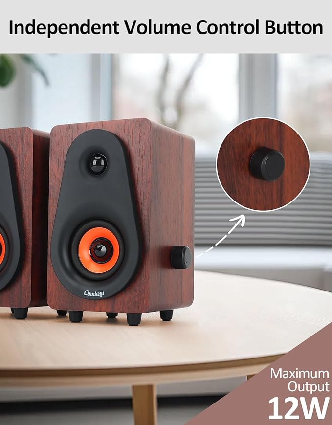 12W USB Computer Speakers 【2026 Update】 Wooden Desktop Speakers with Dual Diaphragms High-Fidelity Stereo for PC Laptop Monitor Tablet – USB Powered with Built-in Audio Output