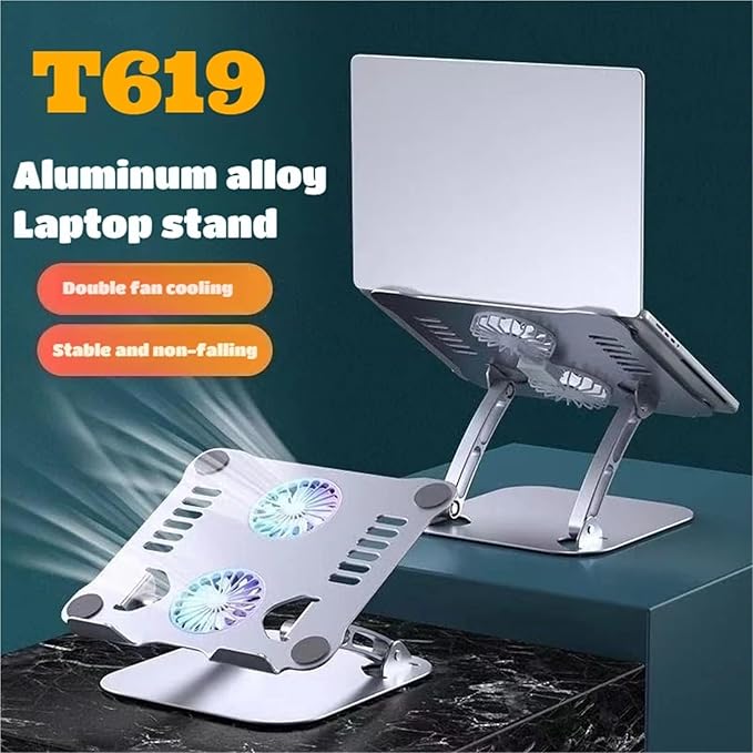 Laptop Stand with Computer Cooling Fan Pad for Adjustable Aluminum Alloy Bracket Laptop Cooler Base Stand Foldable(T619 Type 1-Color 1)