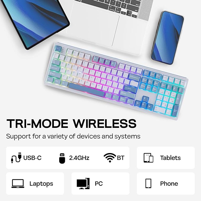 EPOMAKER TH108 Full Size Mechanical Keyboard Wireless Gaming Keyboard with 8000mAh Battery Creamy Gasket 108 Keys Hot Swap Custom Driver RGB Backlight (Blue&ampWhite Sea Salt Silent)