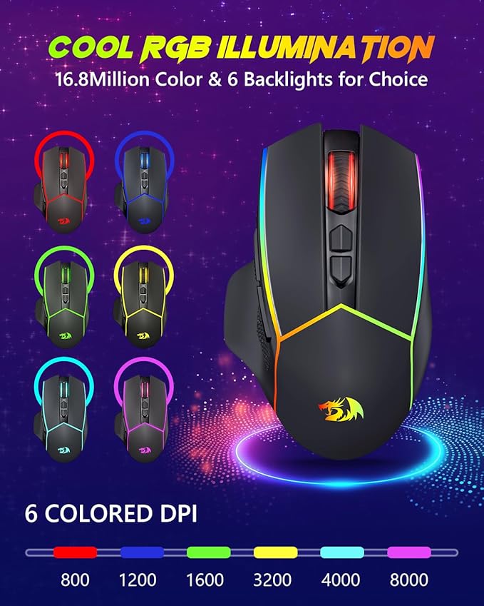 Redragon Wireless Gaming Mouse Tri-Mode 2.4G/Bluetooth/USB-C 7 Programmable Buttons Tactile Rapid Fire Key 8000 DPI RGB Ergonomic Mouse for PC Windows Gaming &amp Work M814