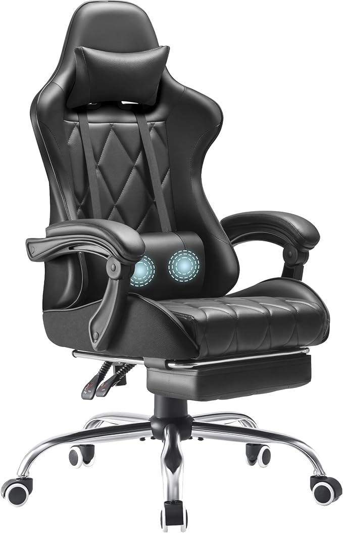 Shahoo Gaming Chair with Footrest and Massage Lumbar Support Ergonomic Computer Seat Height Adjustable with 360°Swivel and Headrest Black