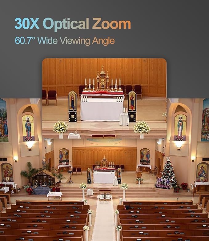 NDI PTZ CameraAi Auto Tracking30X Optical ZoomFHD1080P 60fps PTZ Camera with HDMI LAN USB SDI POEfor Church Worship Education Events vMix OBS Wirecast RP-HD66A-30N