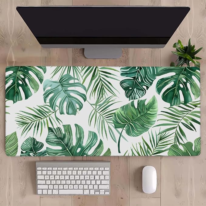 Summer Palm Leaf Large Mouse Pad Gaming Mousepad Desk Mat for Desktop Computer Keyboard Waterproof Mouse Mat Desk Pad with Non-Slip Base for Game School Office Home 35.4 x 15.7