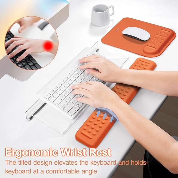 MOSISO Computer Keyboard Stand&ampWrist Rest Support for Keyboard &ampMouse Pad Set Ergonomic Massage Wrist Rest Set Easy Typing Working Acrylic Clear Stand for Office Home Cosmic Orange