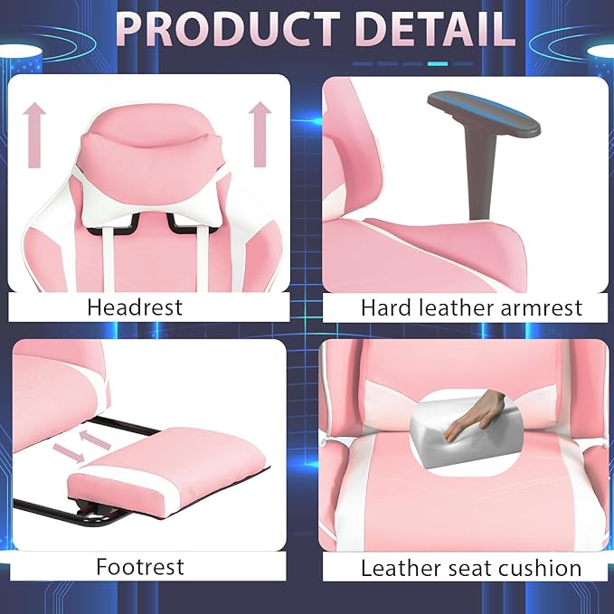 PayLessHere Racing Gaming Chair Office Massage Chair Ergonomic Recliner with Computer Desk PU Leather Lumbar Support Footrest Rolling Swivel and Task Function Ultimate Comfort for Adults (Pink)
