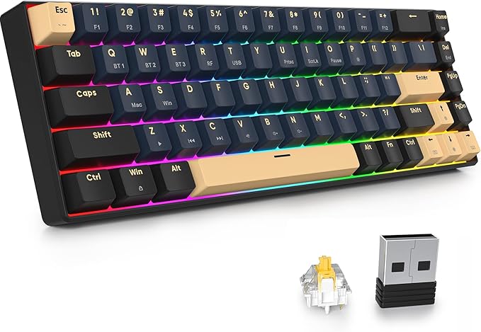 surmen GT68 65% Wireless Mechanical Gaming Keyboard 60 Percent RGB Hot-Swappable 68-Key Compact Keyboard Bluetooth5.0/2.4G/USB with Yellow Switch (Yellow Switch Blue Samurai 68)