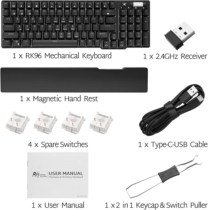 RK ROYAL KLUDGE RK96 90% Triple Mode BT5.0/2.4G/USB-C Hot Swappable Mechanical Keyboard with Magnetic Wrist Rest 96 Keys Wireless Gaming Keyboard with Software Blue Backlight