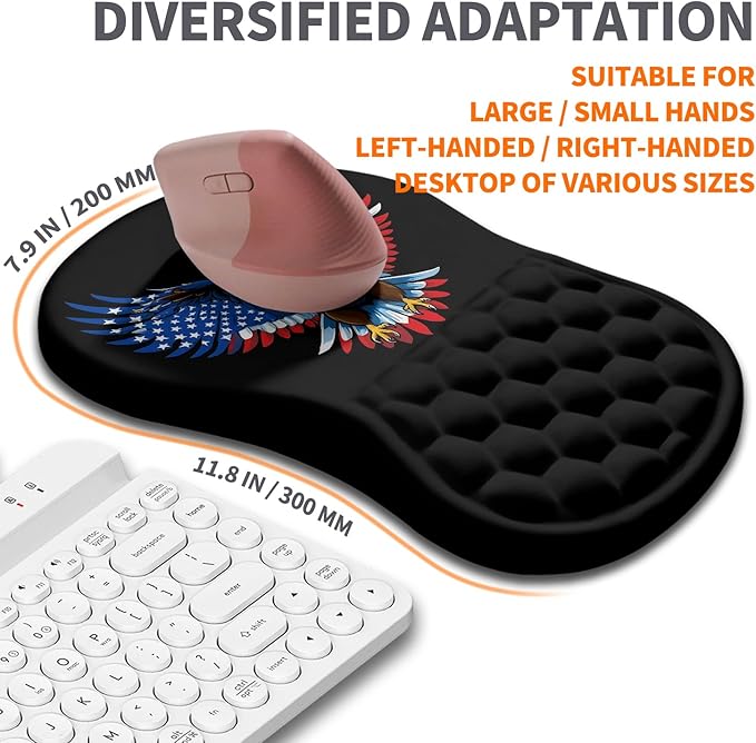 Ergonomic Joint Wrist Support Mouse Pad with Memory Foam Cushion Massage Bump Carpal Tunnel Pain Relief Mousepad Slope Design for Wrist Rest 11.8x7.9 in Eagle Flag