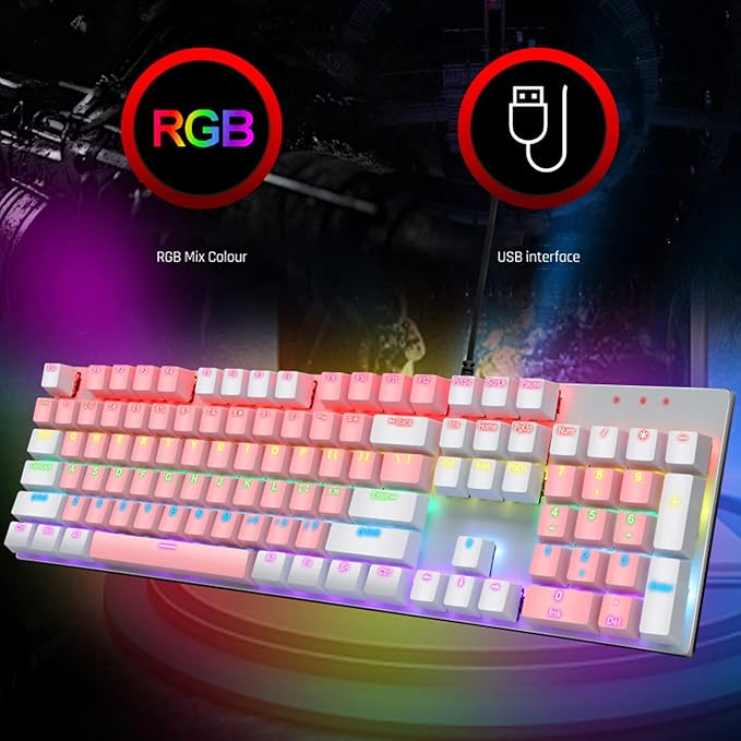 RGB Backlit 104 Keys Mechanical Gaming Keyboard USB Wired Computer Keyboard 28 Backlight Modes for Windows 2000 for Vista (Pink and White)