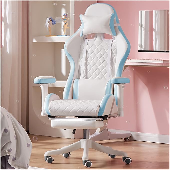 Adjustable Office Computer Chair with Armrest Chairs Pink Gaming Chair Girls Home Office Comfortable Game Swivel Gamer Computer(White Blue Pedal)