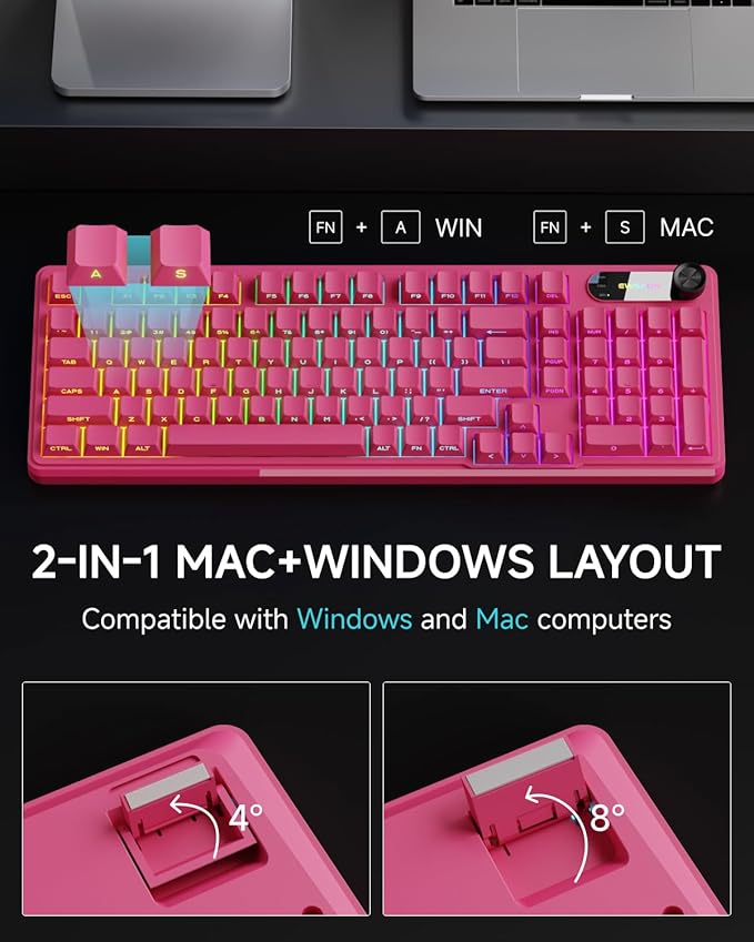 V102 Wired Keyboard 98 Keys Creamy Gaming Keyboard with Number Pad Display Screen &amp Media Knob RGB Silent Wired Cute Computer Keyboard for Laptop PC Gamer - Dark Pink