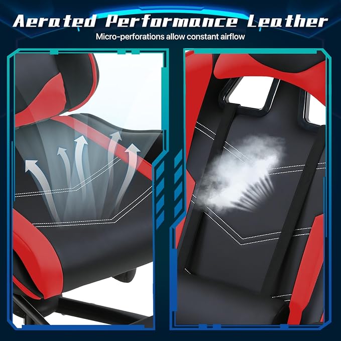 Ergonomic Gaming Chair with Footrest High Back PU Leather Office Desk Chair for Adults Teens Rolling Swivel Computer Chair (Red)