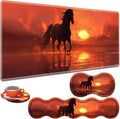 Large Gaming Table Pad 31.5 x 11.8 + Keyboard Wrist Pad + Mouse Wrist Pad + Coaster Non-Slip Base 4-in-1 Set Ergonomic Memory Foam Easy Typing Pain Relief Sunset Horse