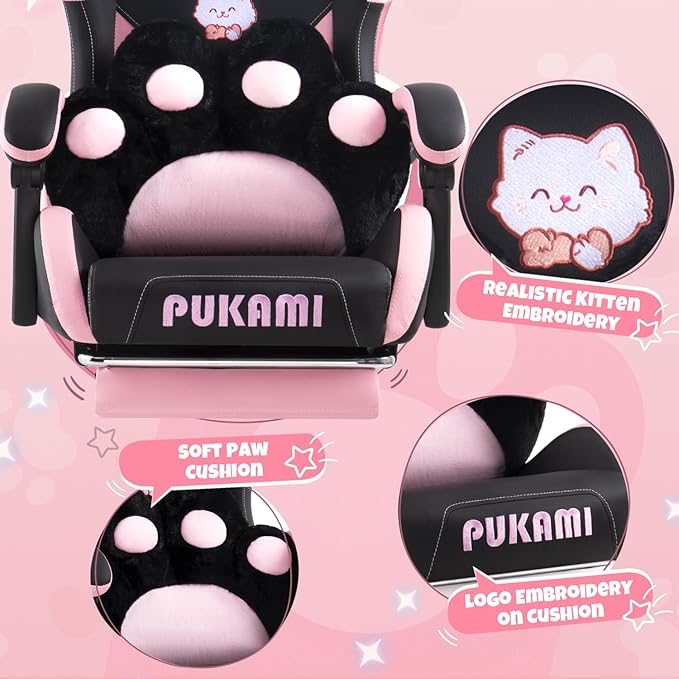 Black Gaming Chair with Cat Ears and Cat Paw Lumbar Cushion Cute Ergonomic Gaming Computer Desk Chair with Footrest and Linked Armrests Comfortable PU Leather Game Chair for Girls and Adults