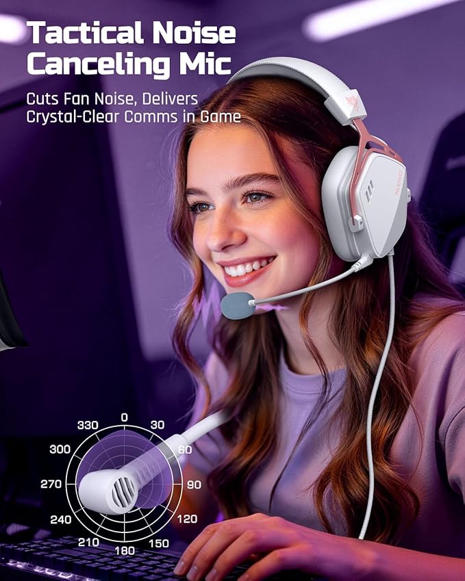 NUBWO HG03 USB-A Gaming Headset with 7.1 Surround and FPS Sound Wired Headphones with Noise Canceling Mic Comfortable Design for PC Laptop - White Pink