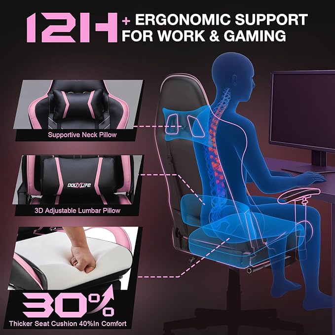 Douxlife 7-Point Massage Gaming Chair with Footrest 400lbs Heavy Duty Ergonomic Computer Chair 175° Reclining High Back Racing Seat for Adults with Adjustable Armrests &amp Lumbar Support Black Pi