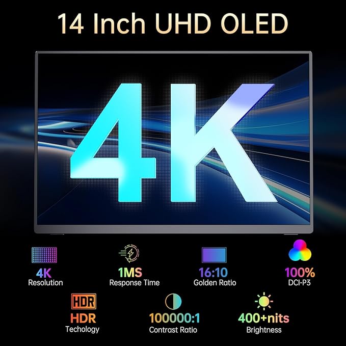 Portable Monitor OLED 4K 3840×2400 14 Ultra Slim Travel Monitor 400+ Nits |100% DCI-P3 | 1000000:1 Contrast HDMI USB C External Monitors for Laptop Mabook PC