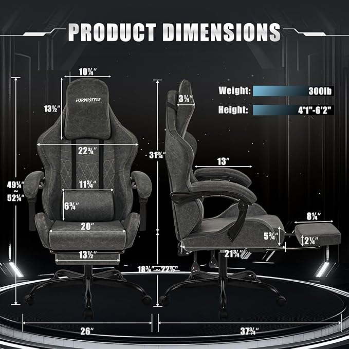 Gaming Chair Video Game Chairs with Large Headrest Linkage Armrests Retro PU Leather Ergonomic Computer Chair for Gaming or Office Grey
