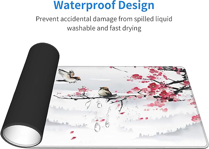 Japanese Pagoda Cherry Blossom Gaming Mouse Pad XL Birds Sakura Branch Mountain Extended Large Desk Cover Table Mat Non-Slip Rubber Base Stitched Edge Long Keyboard Playmat for Gamer31.5×11.8 in