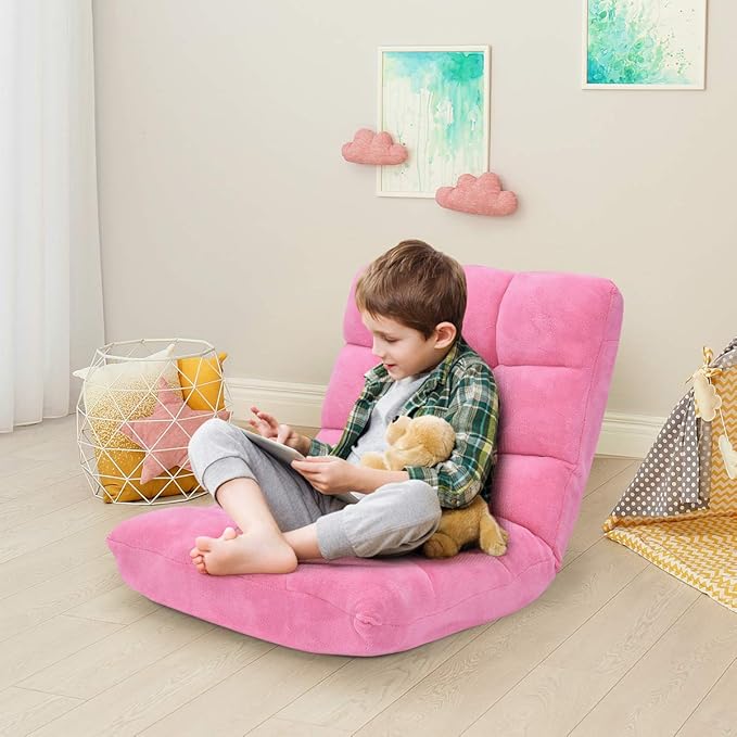 GOFLAME 14-Position Folding Floor Chair Padded Gaming Lazy Sofa Chair with Adjustable Backrest Couch Recliner Sleeper Bed Lounge Chair for Reading Gaming Meditating (Pink)