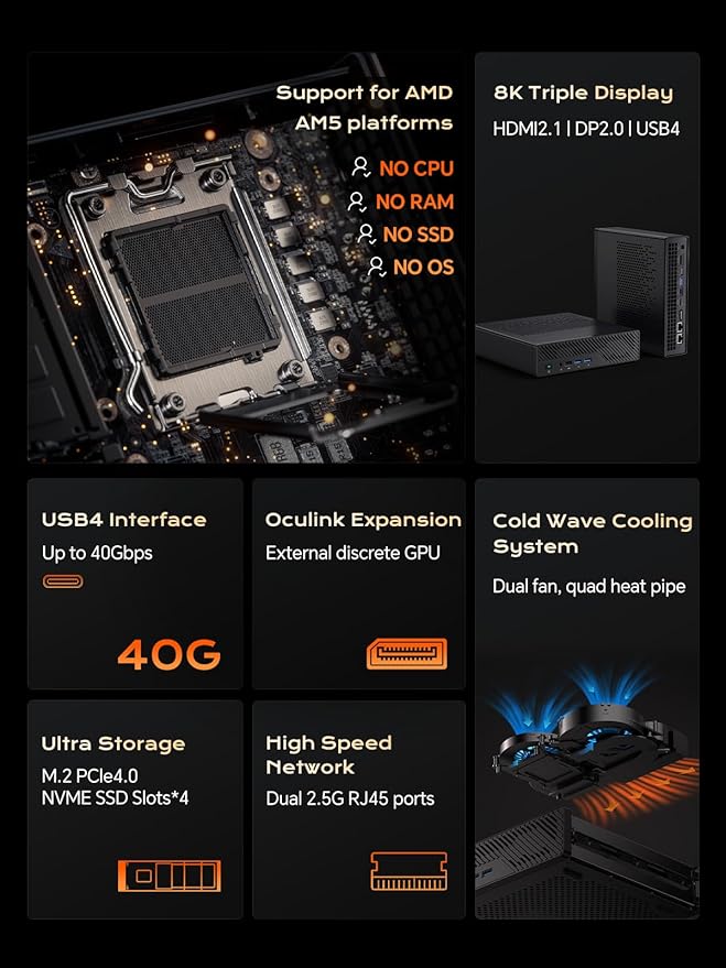 MINISFORUM MS-A1 Mini Workstation Mini Barebone Pc DDR5/4xM.2 NVMe SSD Dual 2.5G RJ45 Mini PCHDMI/DP/Type-C4xUSB PortsSupports AMD AM5 CPUWiFi 6E&ampBT5.2 Mini Computer(NO CPU/NO RAM/NO SSD/NO