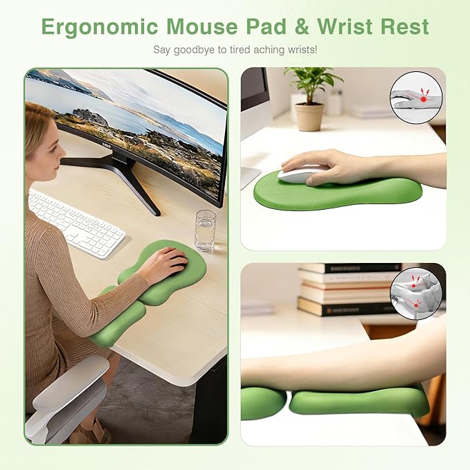 Ospelelf Mouse Pad with Wrist Rest Set Foam L-Shaped Desk Elbow Pad Ergonomic Desk Edge Cushion Anti-Slip Rubber Bottom Office Women Desk Accessories for Computer Laptop and Gaming Dark Green
