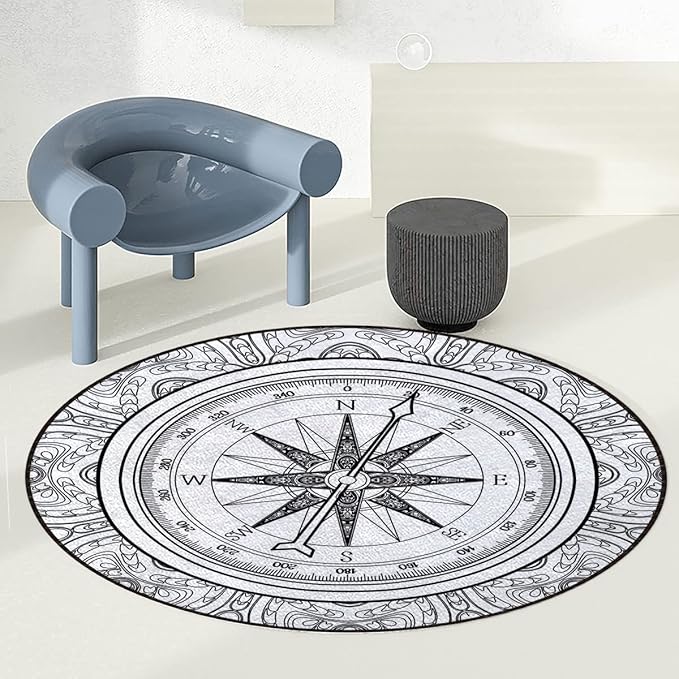 Black White Office Chair Computer Gaming Desk Mat for Rolling Chair Non-Slip Gaming Rug Hand Drawn Windrose in Line Nautical Coloring Gaming Chair Mat Round Floor Mats Compass Diameter 48 in